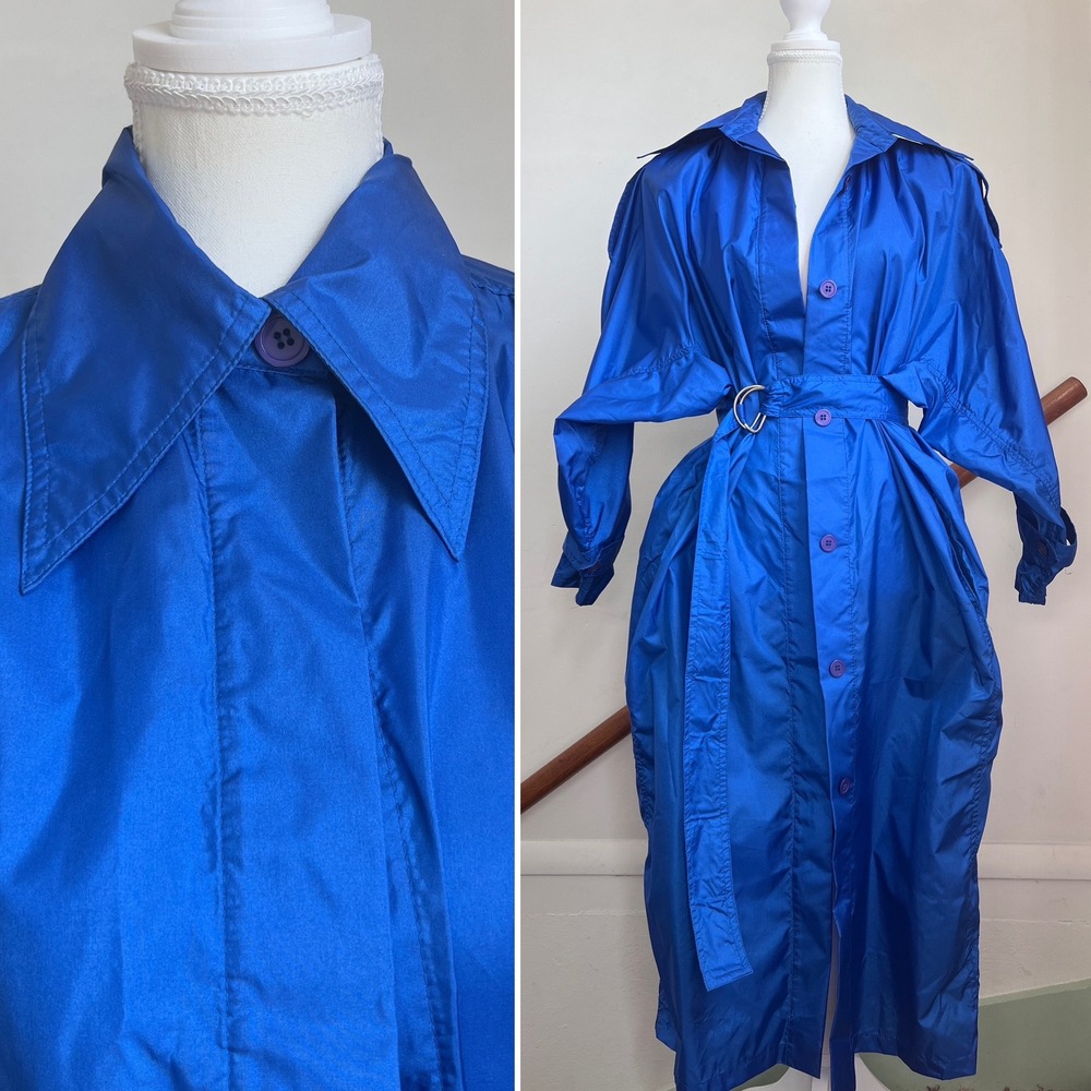Vintage 80s Raincoat Cobalt Blue Nylon Maximalist Trench Coat Oversized Jacket